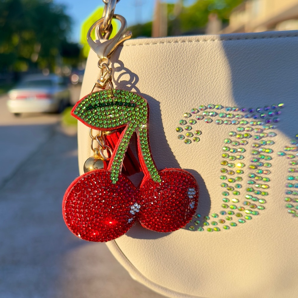 Cherry bag charm, cherry hangbag accessory, cherry keychain, cherry keyholder